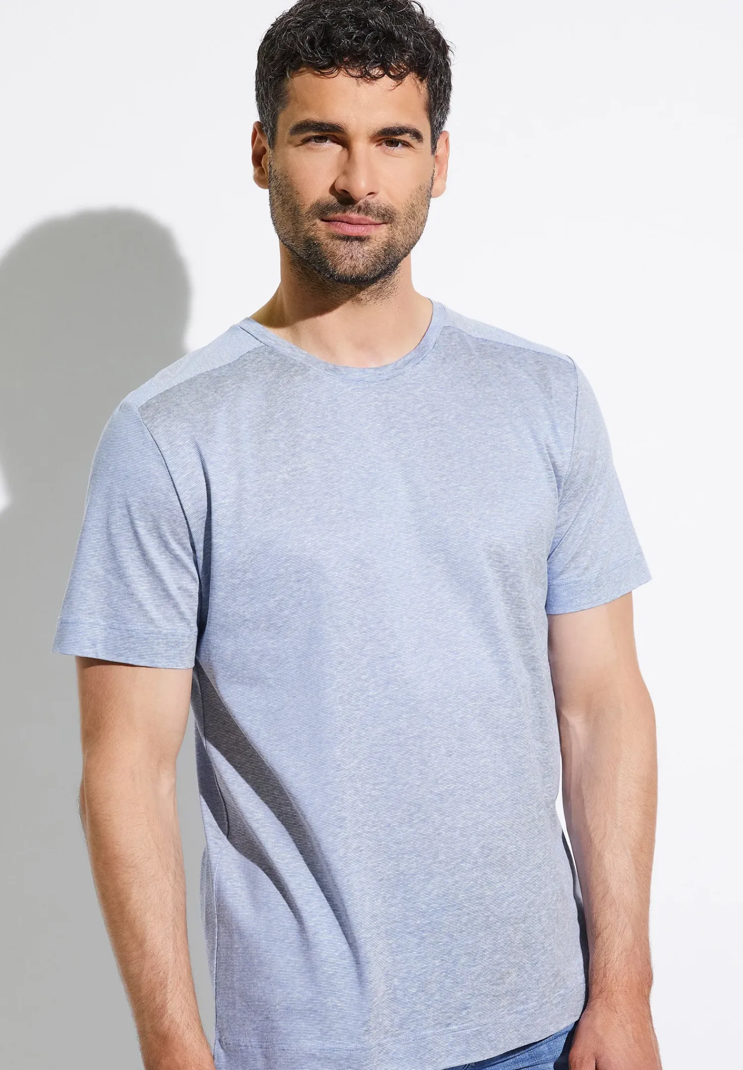 Zimmerli T-Shirts>Cotton/Linenstripes Shirtkurzarm-Lightblue