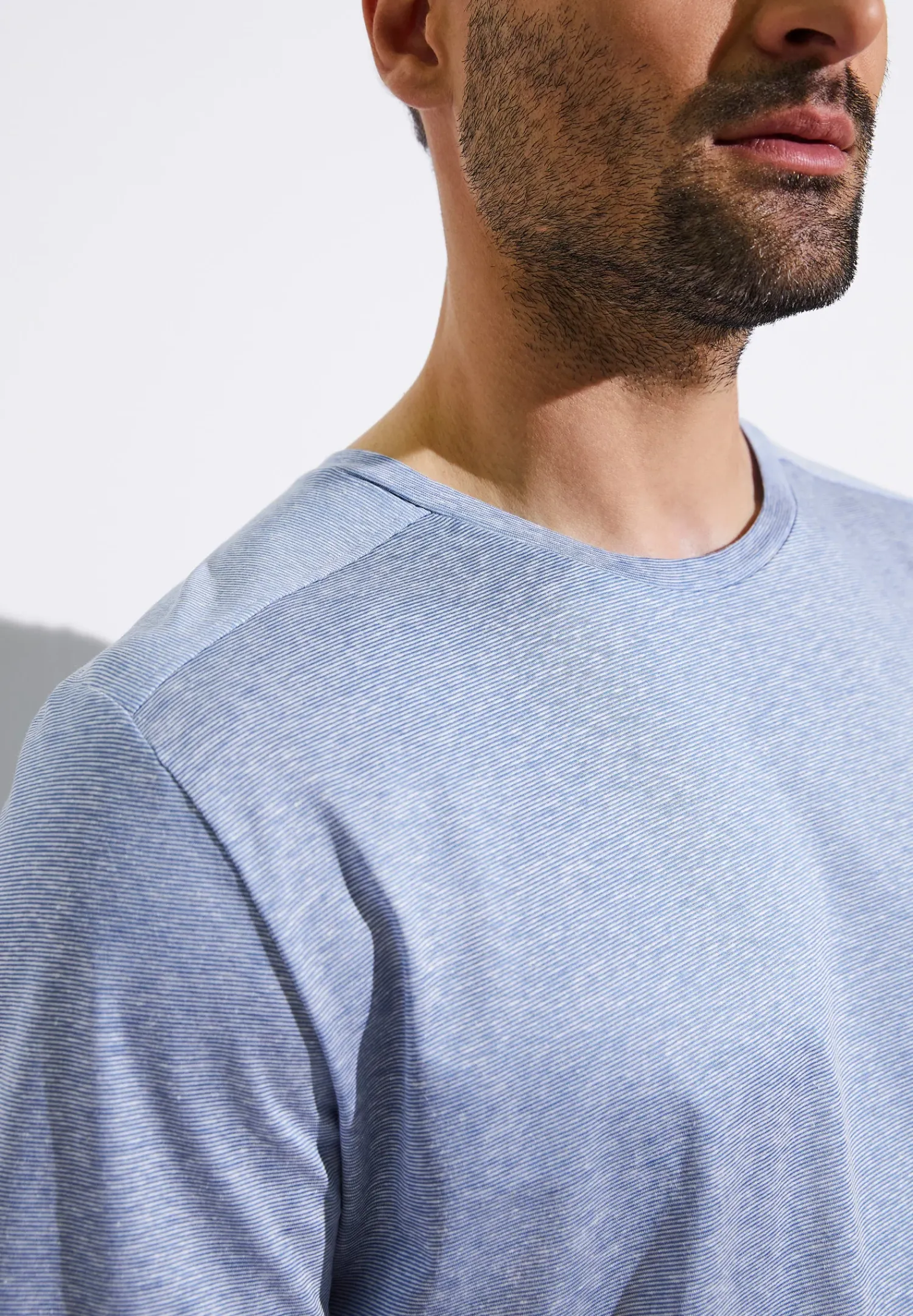 Zimmerli T-Shirts>Cotton/Linenstripes Shirtkurzarm-Lightblue